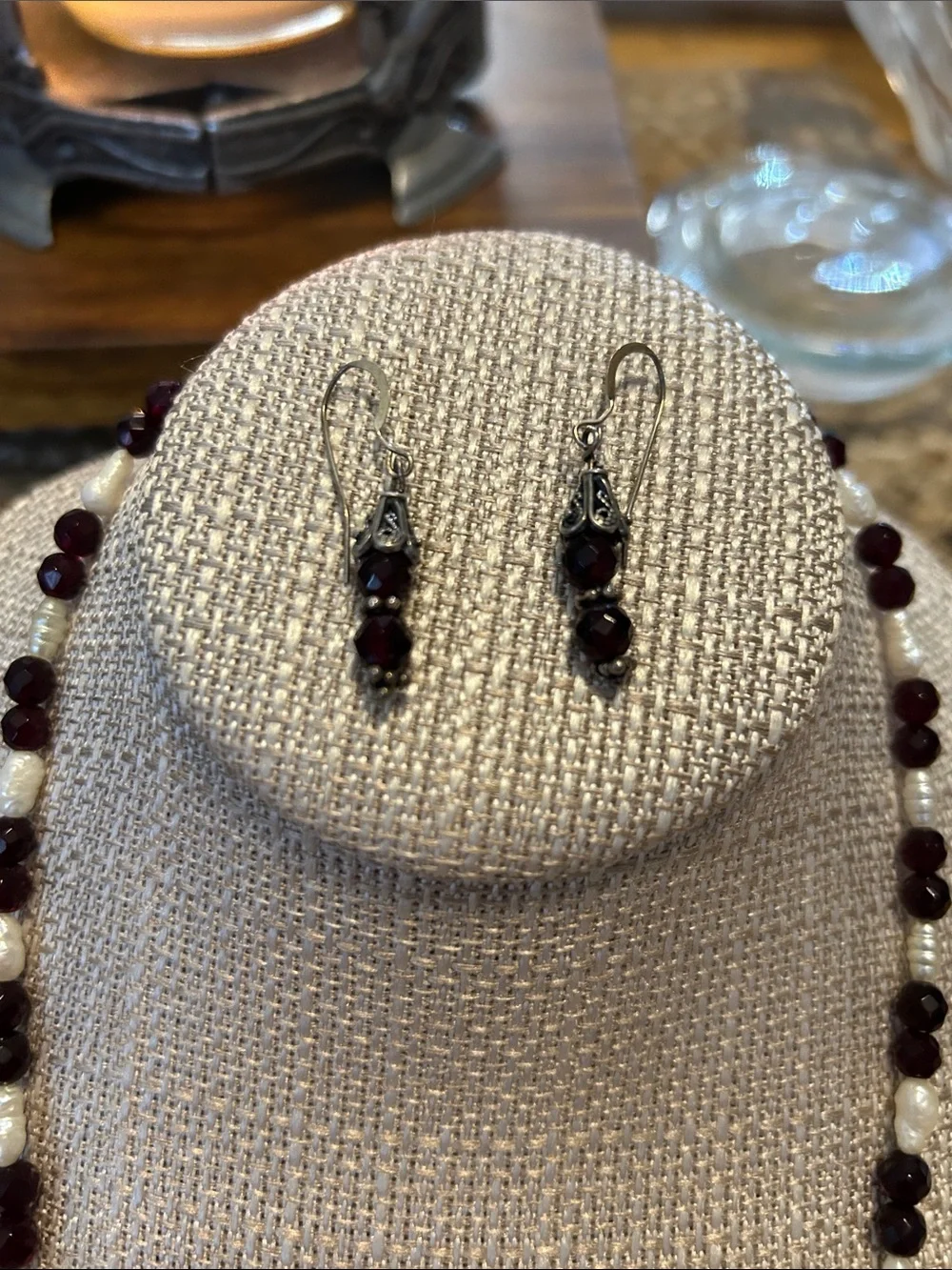 Handcrafted Garnet and Pearl Necklace with Matching Earrings